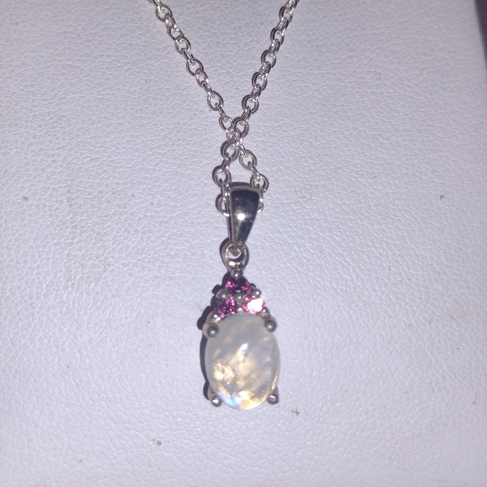 NEW 10mm Natural Moonstone Cab + Rhodolite Necklace